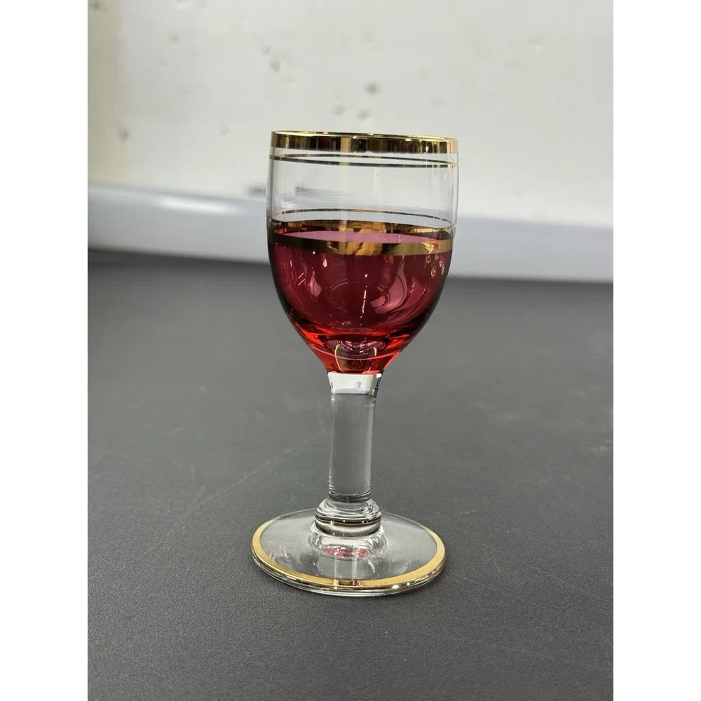 Cranberry Glass Decanter and Matching Cordial Glasses Set 7-piece MCM‎